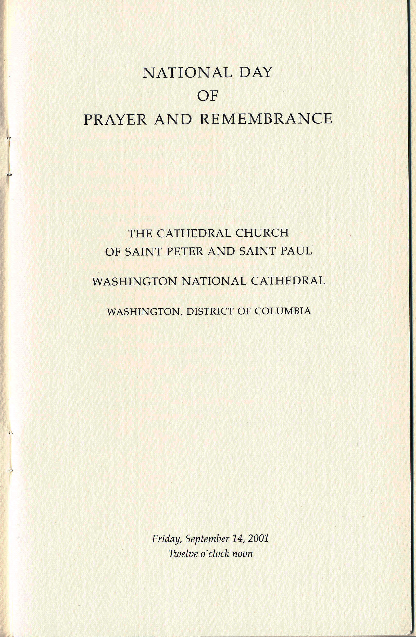 Program from the National Day of Prayer and Remembrance service held at the Washington National Cathedral on September 14, 2001.